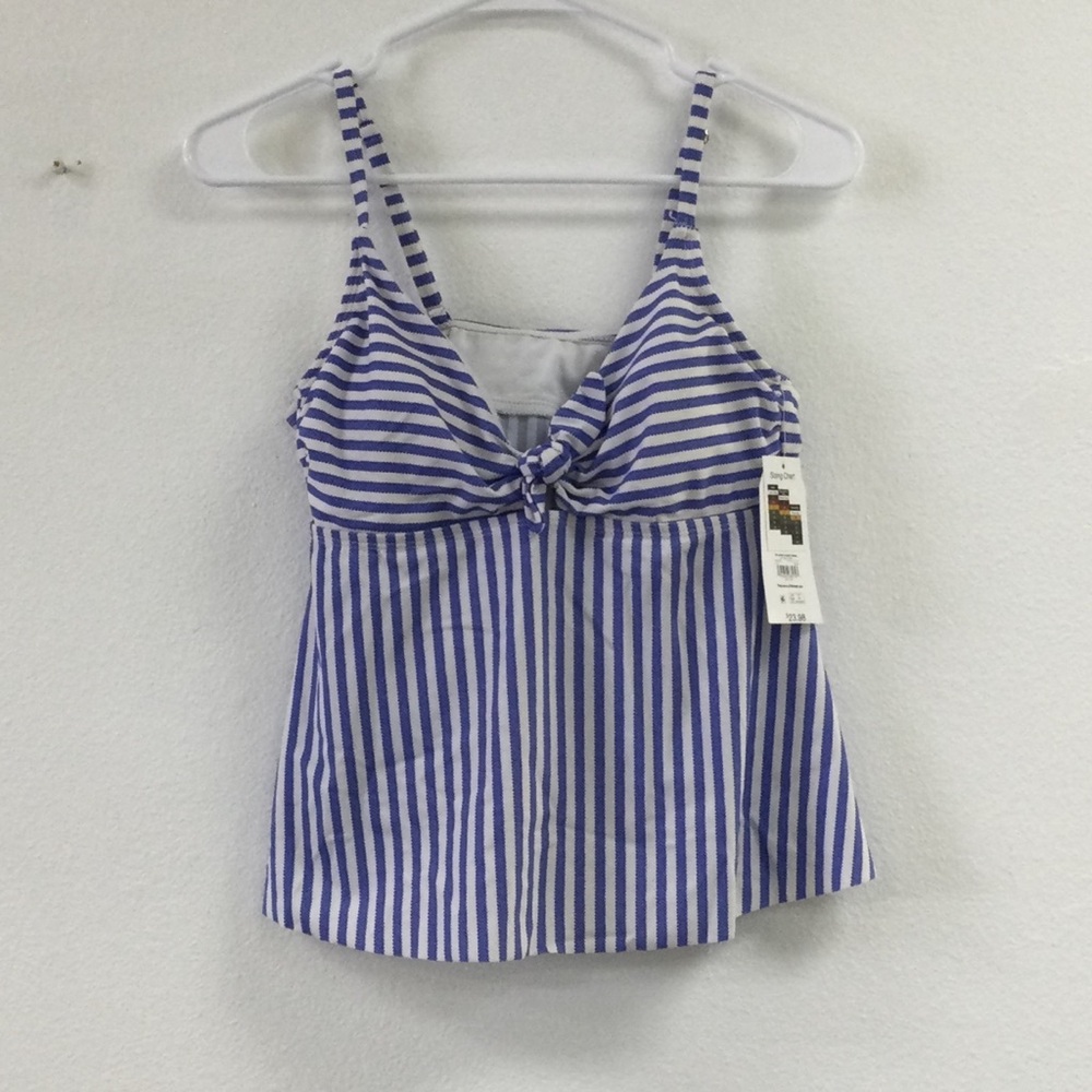 Time and Tru Blue and White Camisole Swim Tankini with Tie Front